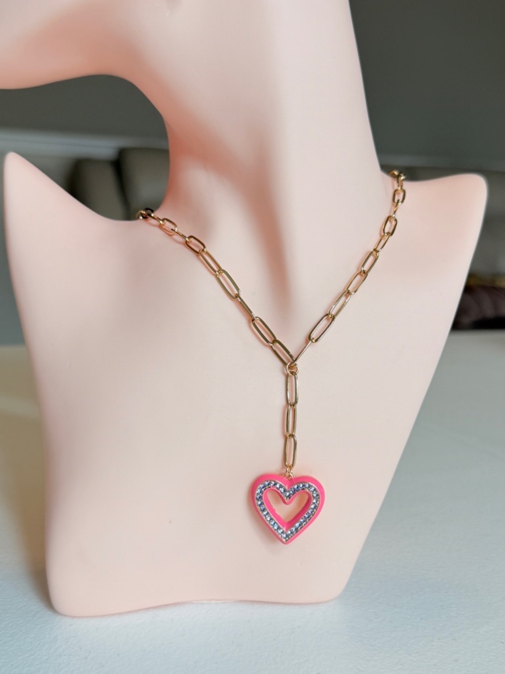 Gold Link Necklace with Pink Heart Pendant
